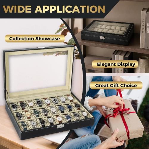 NATGAI Watch Box 24 Slots, Elegant Watch Display Case Glass Top (Beige) | PU Leather Watch Storage Box with Removable Cushion, Lockable Watch Holder Organizer for Men & Women