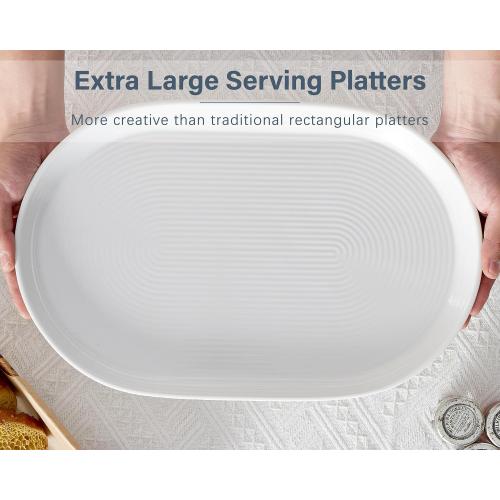 ONEMORE 16 Inch Ceramic Serving Plates for Entertaining, Set of 2 Large Oval Dinner Plates- Dishwasher Oven Safe Serving Tray for Food Meat Fish Parties- Porcelain Thanksgiving Turkey Platters - White