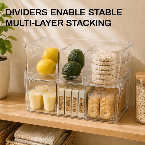 Mpotmiy 6-Pack Pantry Organizers and Storage, Clear Fridge Organizer Bins | Clear stackable plastic bins with removable dividers for packets, snacks, pouches and spices in pantry, fridge or freezer.