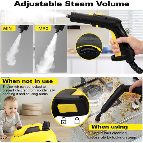 Yellow TVD Steam Cleaner, Heavy Duty Canister Steamer with 26 Accessories, Steam Mop with 5M Extra-Long Power Cord for Home Floor Cleaning, Grout, Upholstery, Car Detailing