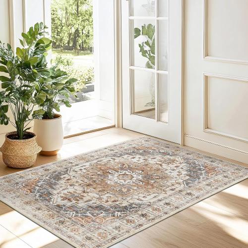 Madane Washable Area Rug 2x3, Small Entryway Rug Non-Slip Vintage Door Mat Indoor Entrance, Low Pile Floor Carpet for Inside Front Door Bedroom Kitchen Entry Laundry (2'x3', Turmeric/Grey)