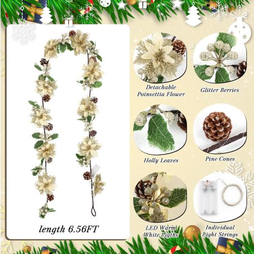 Syhood 6.5ft Prelit Poinsettia Flower Garland Valentine's Day Decor Artificial Lighted Garland Battery Operated Glitter Berries Leaves for Christmas Mantle Home Indoor Outdoor Decor(Champagne,1 Pcs)