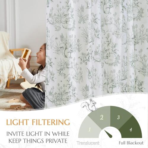 jinchan Linen Nursery Curtains 96 inch Long Woodland Wildlife Sage Green Print Drapes for Kid's Room Light Filtering French Country Farmhouse Curtains with Bunny and Forest Design Set of 2 Panels
