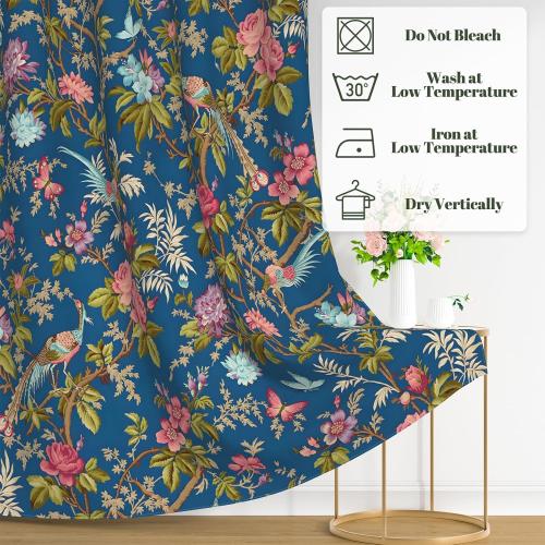 Floral Blackout Curtains for Bedroom 84 Inches Long - Red Flower and Birds Painting, Grommet Thermal Room Darkening Window Drapes for Vintage and Cottage Living Room