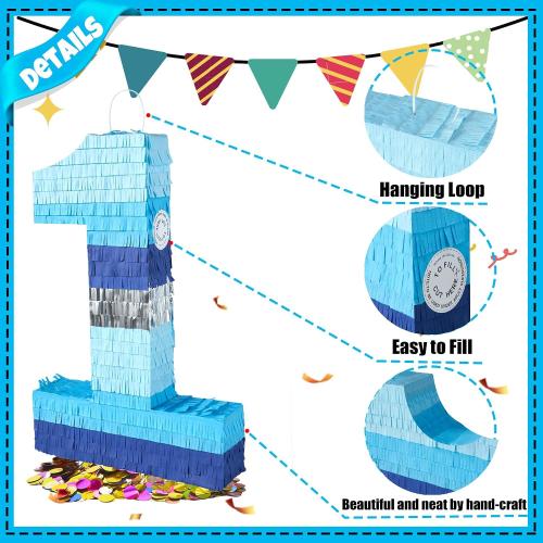 PCFING 20 Inch Number 1 Piñata Blue Silver with 30 Inch Piñata Stick Blindfold Confetti for Boys Girls Adults Birthday Party Decorations, Anniversary Celebration, Fiesta
