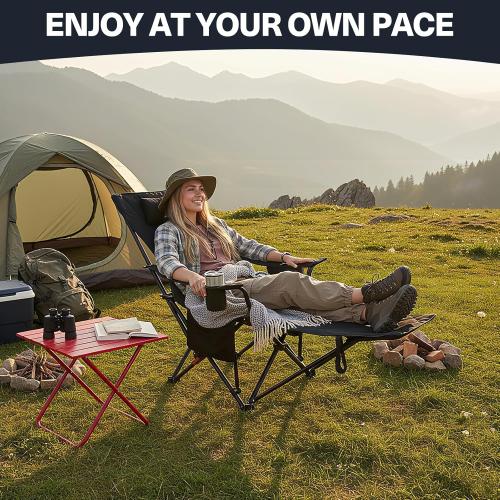 2025 Upgraded 2-in-1 Reclining Camping Chair with Footrest, Folding Beach Lounge Chair with Adjustable Backrest & Cooler, Portable Lawn Chairs for Adults Heavy Duty for Outdoor Sports