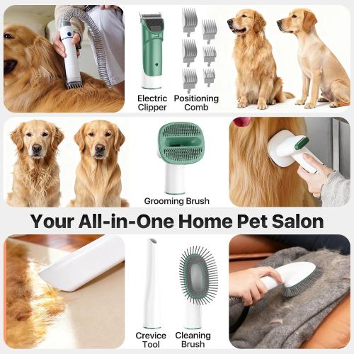 buenkee Dog Grooming Kit with Vacuum, 15000Pa Pet Hair Clipper and Shedding Brush, 50dB Low Noise, 2L Capacity, Green