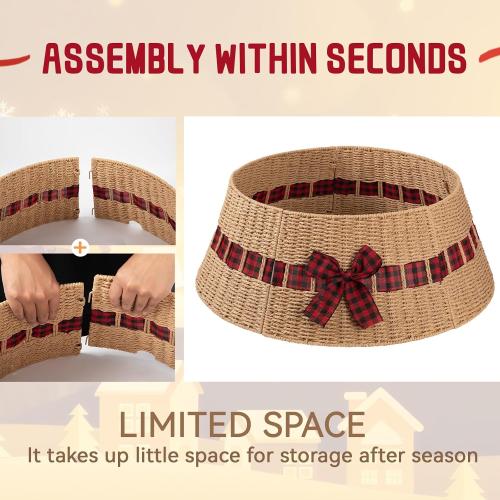OIAHOMY Christmas Tree Collar, Wicker Holiday Tree Skirt & Stand Base Cover,Paper Rope Christmas Decor with a Bow Tie, Natural-27 inch