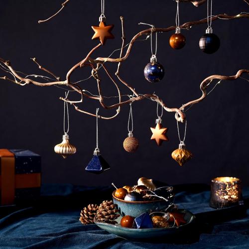 DecorbyHannah Mini Christmas Ornaments, 45ct Small Blue Copper Gold Christmas Tree Decorations, Assorted Tiny Celestial Shatterproof Plastic Decorative Hanging Ball Bulk Set for Xmas Home Table Decor