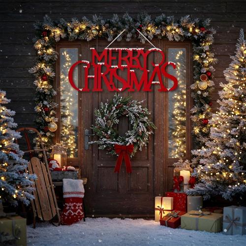 Chunful 36 Inch Large Snowy Metal Merry Christmas Wall Sign Xmas Hanging Door Sign 3D Red Merry Christmas Cutout Letter Decorative for Xmas Wall Indoor Outdoor Living Room Yard Supplies
