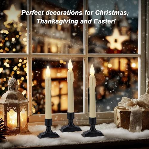 6 Pcs Sensor Dawn to Dusk Window Candles, Flickering Battery Candles for Windows, Ultra Bright Fake Candle Lights with Black Holders, Led Candlesticks for Xmas Home Decor, White Light