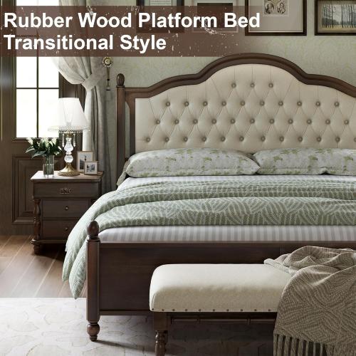 AMERLIFE Size Queen Color brown  Solid Wood Bed Frame Queen Size, Transitional Platform Bed with 52.5 Upholstered Tufted Headboard, Rubberwood/Roman Column Accents/Wood Slat Support/No Box Spring Needed