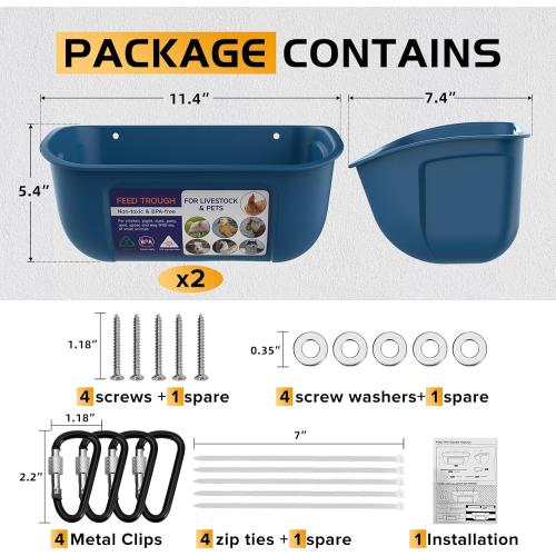 BUCKETS ONLY   Goovilla Chicken Feeder Waterer, Hanging or Screw-in Fence Feeders with Clips, 2 Pack 5 Quart Goat Feeding Supplies, Duck Piglet Sheeple Coop Dog Livestock Poultry Plastic Feeder Trough Bucket, Blue