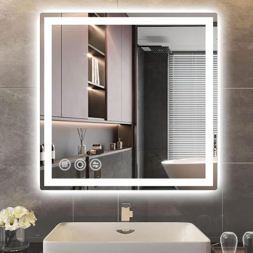 24x24 LED Bathroom Mirror 24x 24 with Frontlit and Backlit, Anti-Fog Bathroom Vanity Mirror, Stepless 3 Colors Temperature & Dimmable Bathroom Mirror, Memory Tempered Glass Mirror for Bathroom