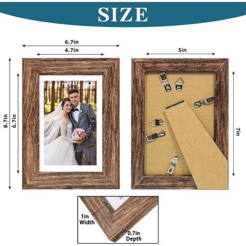 Hongkee 5x7 Picture Frame Set of 2, Made of Real Glass and Rustic Brown Wooden Frame - Display Pictures 4x6 with Mat or 5x7 Without Mat, 5 by 7 Photo Frame for Wall or Tabletop Display