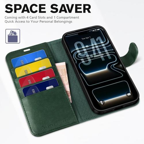 TUCCH Wallet Case for iPhone 17 Pro (6.3) 2025, 4 Card Holders, Evergreen | RFID Blocking, Viewing Stand, Shockproof TPU Shell, PU Leather, Magnetic Closure, Protective Folio Flip Cover