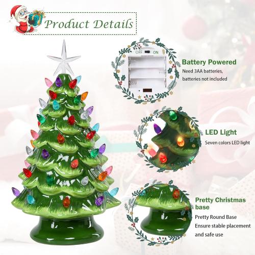 VCUTEKA Small Ceramic Christmas Tree Hand-Painted Vintage Tabletop Green Christmas Tree Holiday Decoration with Multi-Color Lights Xmas Trees 12 inch