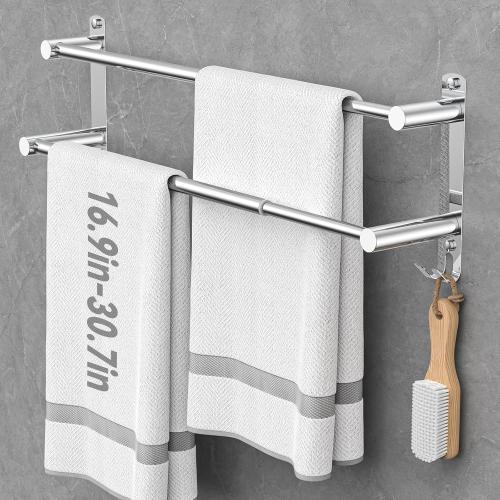 Adjustable Towel Bar for Bathroom Wall Mount17-30.7inch Adhesive Shower Towel Rack Stainless Steel Bath Towel Holders for Toilet Kitchen Double Towel Hanger (2 Layer) maybe missing pieces