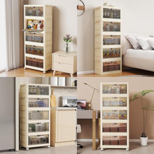 WHITE 5 Tier - 48QT Storage Bins with Lids, Collapsible Storage Bins with Doors and Wheels, Plastic Storage Cabinet for Easy Storage and Organization for Living Room, Office