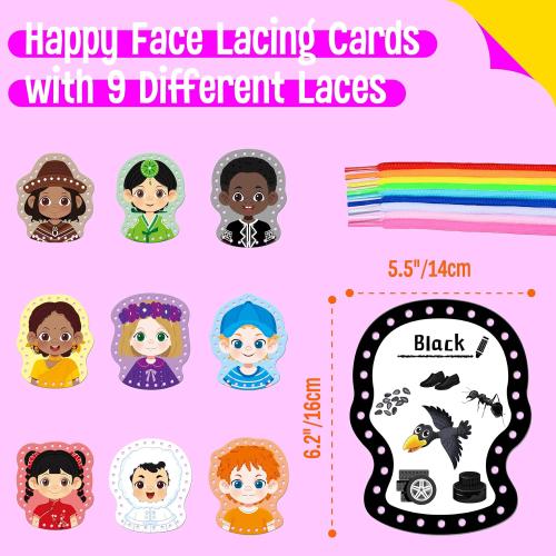 9 Pieces Happy Face Lacing Cards, 9 Double Sided Color Sewing Cards with 9 Colorful Laces, Educational & Learning Activity Games, Imagination Development Lacing Toys for Preschoolers, Kids