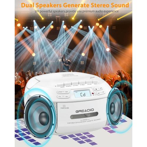 Greadio CD Player Boombox Cassette Player Combo with Bluetooth,AM/FM Radio,Stereo Sound with Remote Control,AUX/USB Drive,Tape Recording,AC/DC Powered,Headphone Jack,LCD Display for Home,Kids,Gift