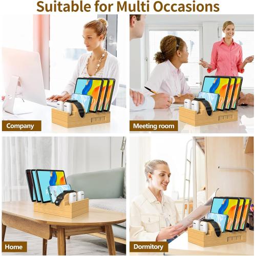 Bamboo Charging Station for Multiple Devices, 15W Fast Wireless Charger Night Light with 3 Color & 4 Adjustable Brightness, Night Stand Charger Station for Phone/Watch/Air-Pods with Adapter