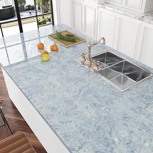 Wallercity Cream Blue Marble Contact Paper for Countertops 24x315 Waterproof Kitchen Wallpaper Peel and Stick Countertops Removable Glossy Granite Marble Wallpaper for Bathroom Table Top Desk Wrap