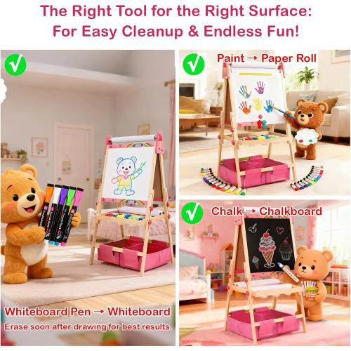 Art Easel for Kids, Kids Art Easel with 3 Paper Roll, Magnetic Whiteboard and Chalkboard,Adjustable Standing Wooden Toddler Easel for Painting Double Sided,3in1 Painting Easel for 2-4 4-8 Pink