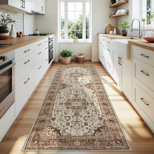 Joydeco Washable 2x6 Hallway Runner Vintage, Beige & Blue & Reddish-Brown