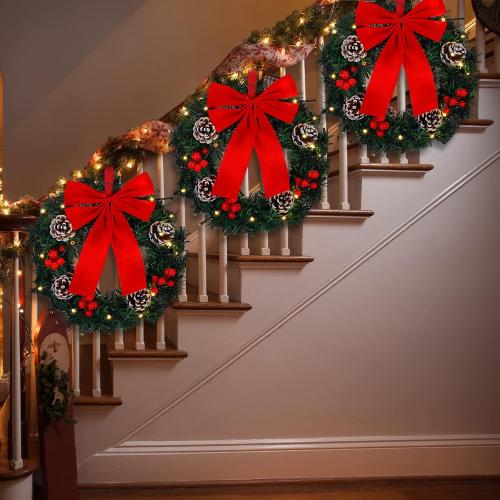 4 Pcs Lighted Christmas Wreaths, 12 Inch Pre Lit Small Xmas Wreath with Large Bow, Pine Needle Wreath with LED Lights Battery Operated Xmas Ornaments for Front Door Wall Christmas Party Decor(Red)