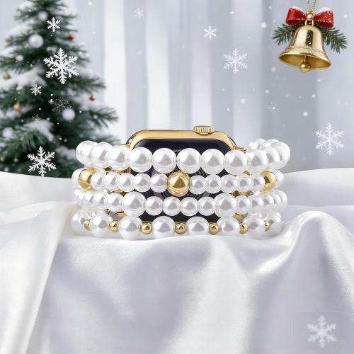 V-MORO Compatible with Apple Watch Band Pearl Series 11/10/9/8/7 42mm 41mm 40mm 38mm Women Fashion Handmade Beaded Elastic Strap Dressy Stretch Bracelet for iwatch SE Series 6/5/4/3/2/1-White/Gold