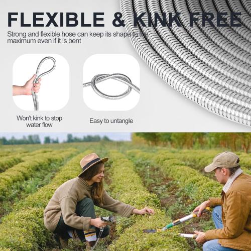 Stainless Steel Garden Water Hose 50 FT, Flexible and Lightweight Pipe, Non-Expandable Heavy Duty Metal Waterhose with Brass Fittings for Reel, Yard, Outdoor, Boat