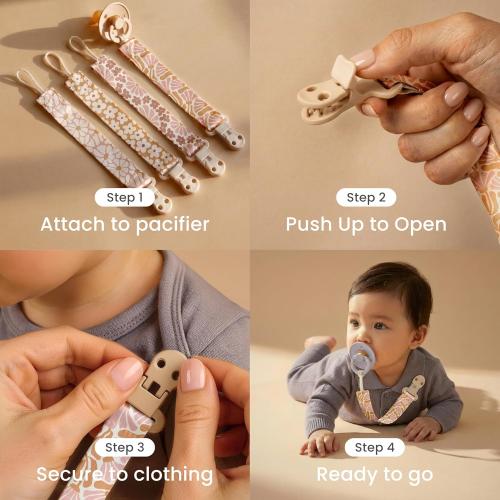 Stadela Baby Pacifier Clip Holder - Girl 4 Pack Gift Set – Boho Modern Neutral Flowers Floral (Allysa)