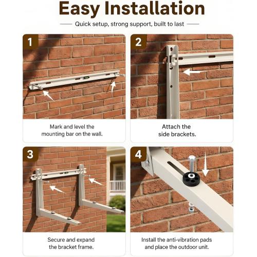 Heavy Duty Mini Split Wall Mounting Bracket for Outside, 550lb Load Capacity, Galvanized Carbon Steel, Dual Anti-Rust Coating, Leveling Bar, Anti-Vibration Pads, Fits 9000–36000 BTU AC Units