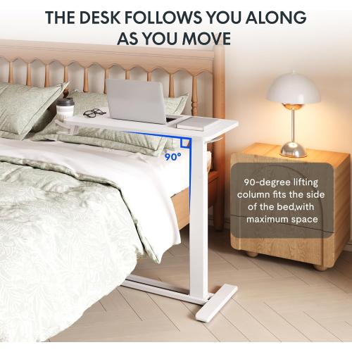 FLEXISPOT H7 32 Pneumatic Height-Adjustable Overbed Table with Wheels | C-shaped bedside table,Medical End Table,Rolling Cart TV Tray,Laptop desk for Hospital Home office use,31.5Wx17.7D,White