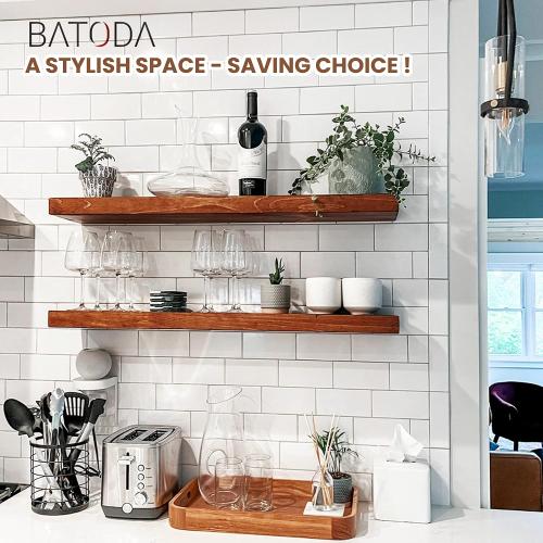 BATODA Set of 2 24 Acacia Wood Floating Shelves Wall Mounted – Rustic Farmhouse Wooden Wall Storage Shelf for Bedroom, Kitchen, Home Décor - Brackets and Shelving Hardware Included