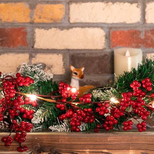 Syhood Christmas Berry String Garland with Lights Thanksgiving Artificial Lighted Garland for Home Xmas Winter Tree Decor Office Fireplace Mantel Decoration Holiday Valentines, 6 Ft (Red,1 Pc)