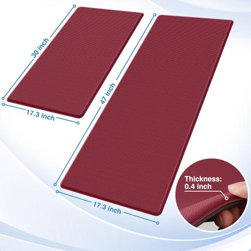 StepRite Kitchen Mats, 2PCS Kitchen Rugs, Cushioned Anti Fatigue Kitchen Mats for Floor, Non-Slip Standing Desk Mat, Waterproof Kitchen Rug Set for Kitchen, Floor, Office, 17.3x30 17.3x47, Red