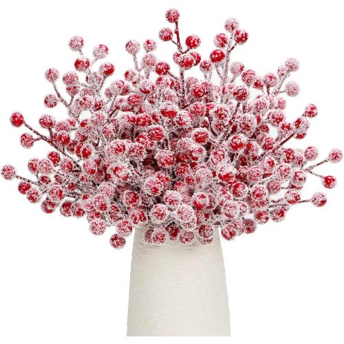 24Pcs Artificial Berry Picks Snow Sprays Christmas Frosted Holly Berry Stems Twigs Winter Branches for Christmas Tree Fillers Decor Holiday Arrangement Wreaths Garland Crafts DIY Ornaments (Red)