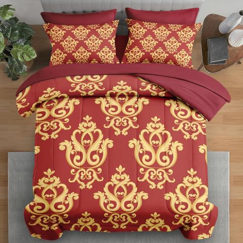 Comforter Set Full Size, Vintage Floral Gold 7 Pcs Bedding for Kids and Adults, Medieval Burgundy Red Bed Sheet Sets with Fitted Sheet 2 Pillowcase & 2 Sham for Bedroom Bed Decor