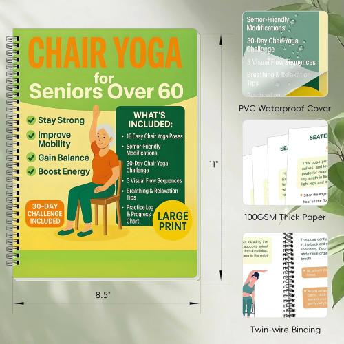 Chair Yoga for Seniors Over 60 Book & Chart – 30-Day Challenge, Gentle Seated Yoga Guide, Chair Yoga for Weight Loss & Flexibility, Senior Chair Exercises for Women & Men, 8.5x11 Book on Chair Yoga