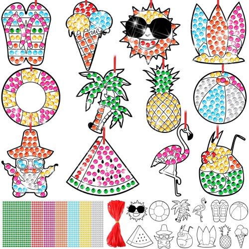Summer Arts and Crafts for Kids DIY Tropical Window Art Gem Suncatcher Kits Luau Diamond Art Suncatcher with Gemstone Stickers Ribbons for Summer Luau Party Favor Classroom Activities