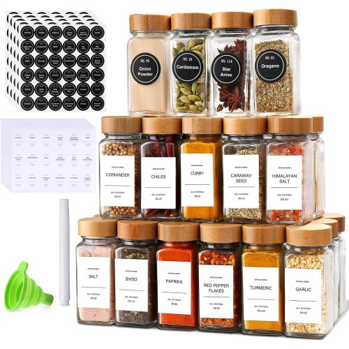 DIMBRAH Spice Jars with Label 24Pcs,Seasoning Containers,Glass Spice Jars with Bamboo Lids,Kitchen Essentials,Spices Container Set,Kitchen Set,Seasoning Organizer,A total of 96 oz