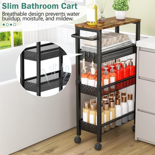 Utility Slim Storage Cart with Wheels, 4 Tier Small Rolling Cart with Wood Top, Metal Kitchen Bathroom Laundry Room Organization Trolley with Handle for Narrow Space – Black