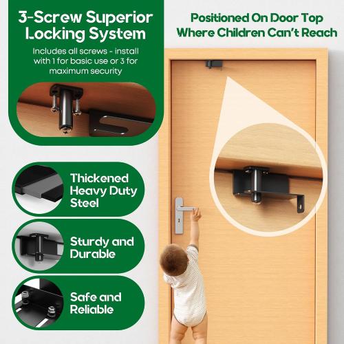 Child Safety Door Top Lock, Child Proof Door Top Lock, Top Door Lock for Kids Safety, Adjustable Lock Child Safety Top Lock, Sliding Door Lock for Kids Safety, Sturdy Metal, Black, 1 Pack