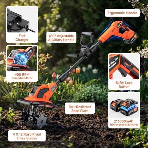 Cordless Electric Garden Tiller Cultivator, 6000mAh Battery Powered Tiller, Lightweight Rototiller for Gardening, 9.5In Tilling Width ＆ 7In Depth, Cultivators for Gardening/Weeding/Soil Cultivation