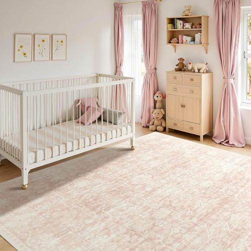 8x10 Area Rugs for Living Room: Large Soft Washable Rug Modern Aesthetic Floral Carpet Low Pile Non-Slip Stain Resistant for Bedroom Dining Table or Home Office Home Decor - Beige Pink