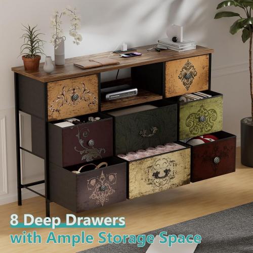 VASICAR Pattern Dresser with LED Lights and Power Outlets, Dresser TV Stand with 8 Drawers for 55 TV, Fabric Chest of Drawers for Bedroom, Living Room, Entryway