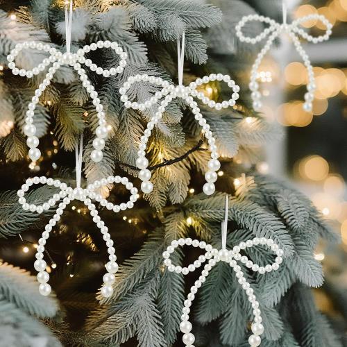 12 Pcs Pearl Bow Ornaments Bowknot Tree Topper Decor Hanging Ornament Pendant Gift for Wedding Birthday Party Indoor Decoration (White)