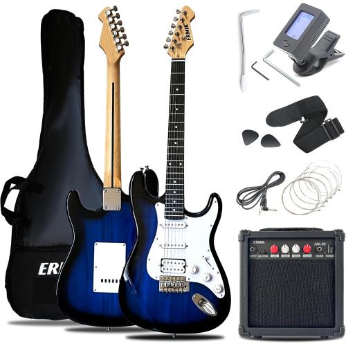 Ermik Solid Body Electric Guitar Kit with Amp 20W, Strings, Strap, Digital Tuner, Picks, Gig Bag, Cable, Tremolo Bar, 39 Full Size Guitar HSS Pickups Guitarra Electrica Beginner Gift - Blue